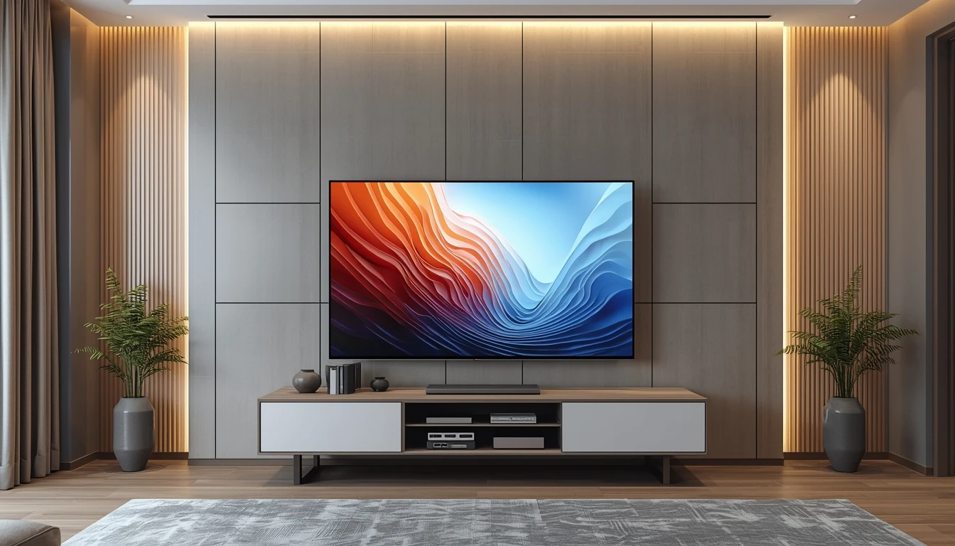 uma tv smart 4k de alta performance em cima de um rack na sala